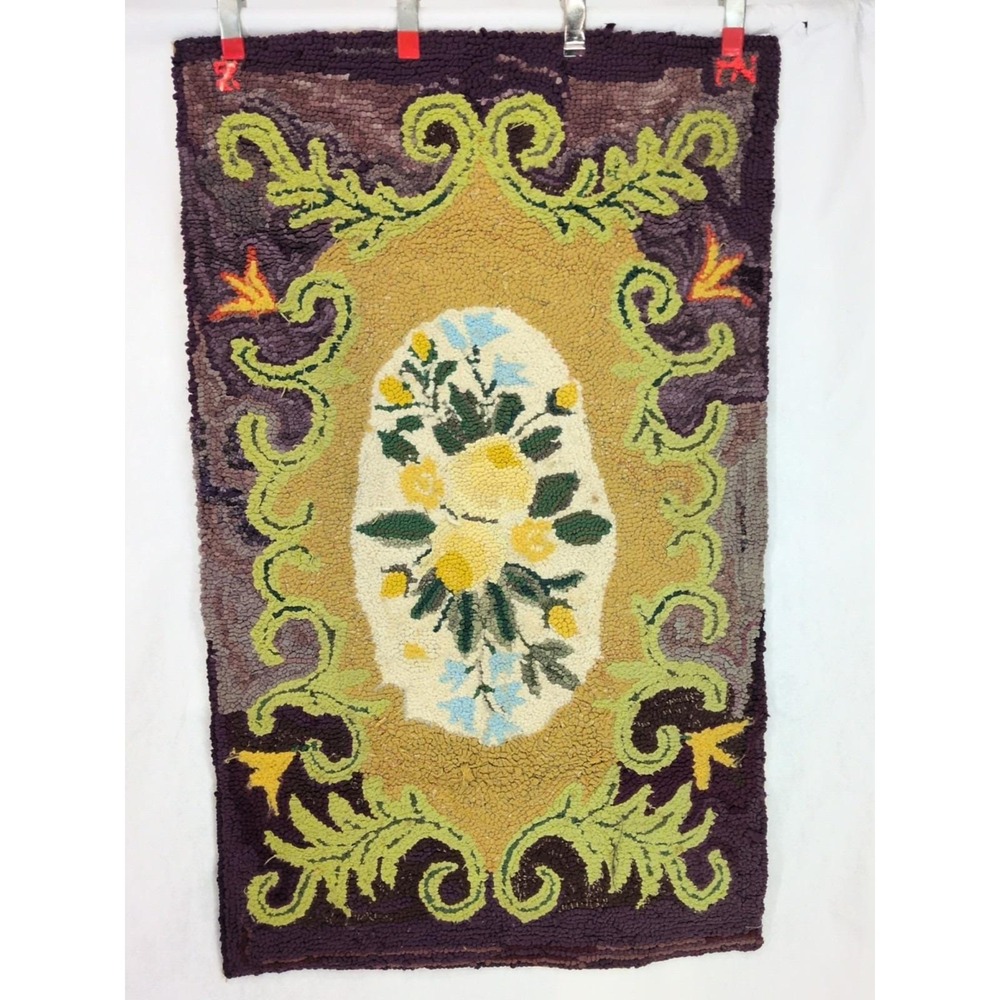 VTG Hand Hooked Wool Rug Purple Green Floral Folk Art Primitive Cottage Area Rug